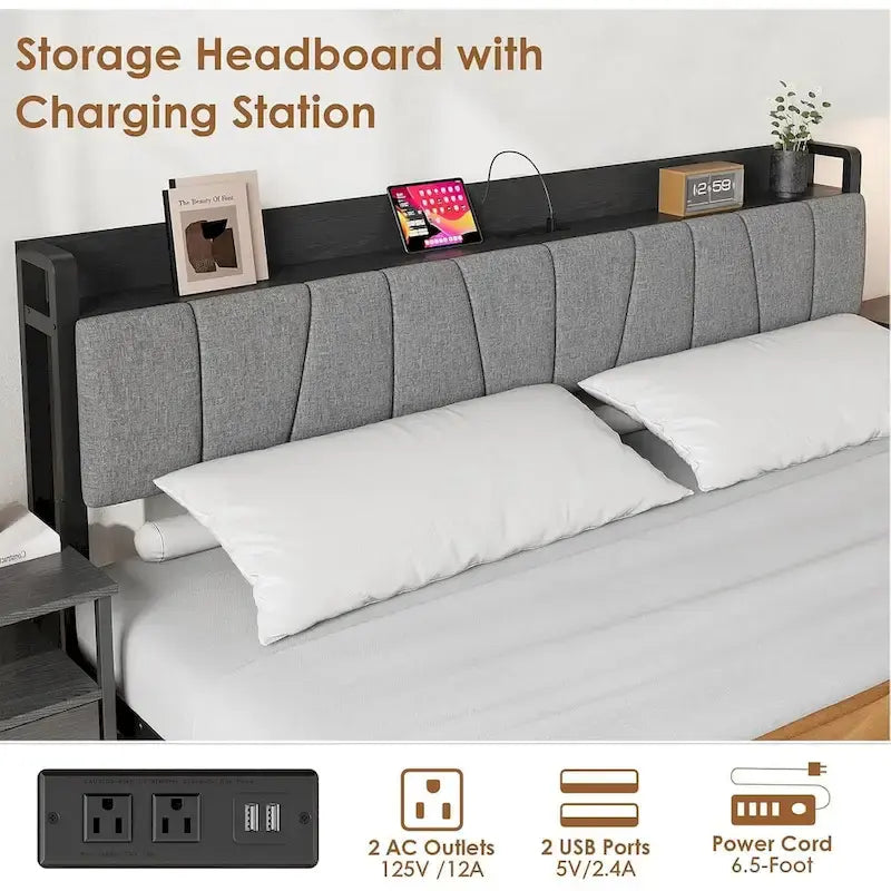 Bed Frame with Storage Headboard, Industrial Platform Bed with 2 Large Drawers and Charging Station, Black