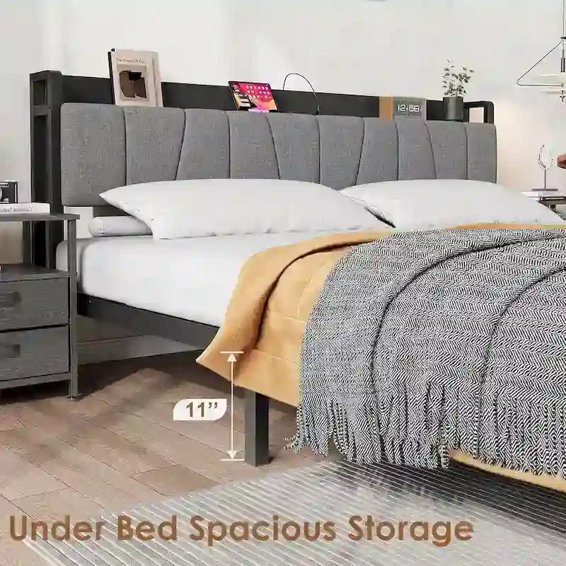 Bed Frame with Storage Headboard, Industrial Platform Bed with 2 Large Drawers and Charging Station, Black