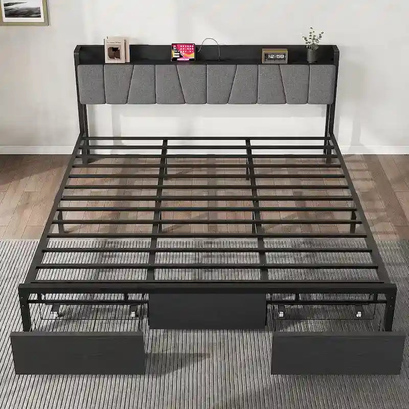 Bed Frame with Storage Headboard, Industrial Platform Bed with 2 Large Drawers and Charging Station, Black