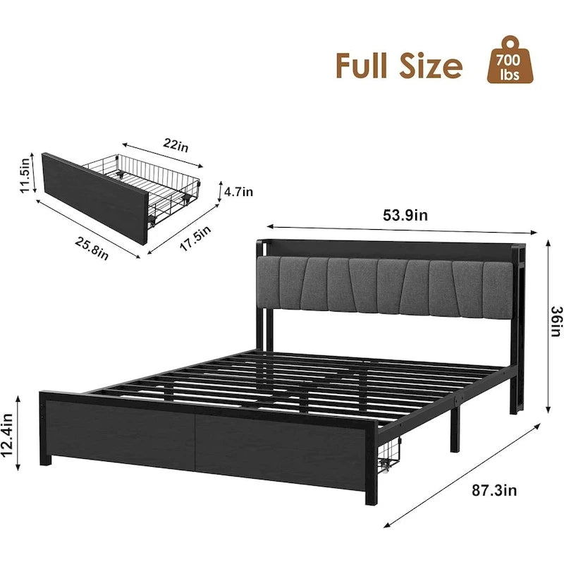 Bed Frame with Storage Headboard, Industrial Platform Bed with 2 Large Drawers and Charging Station, Black