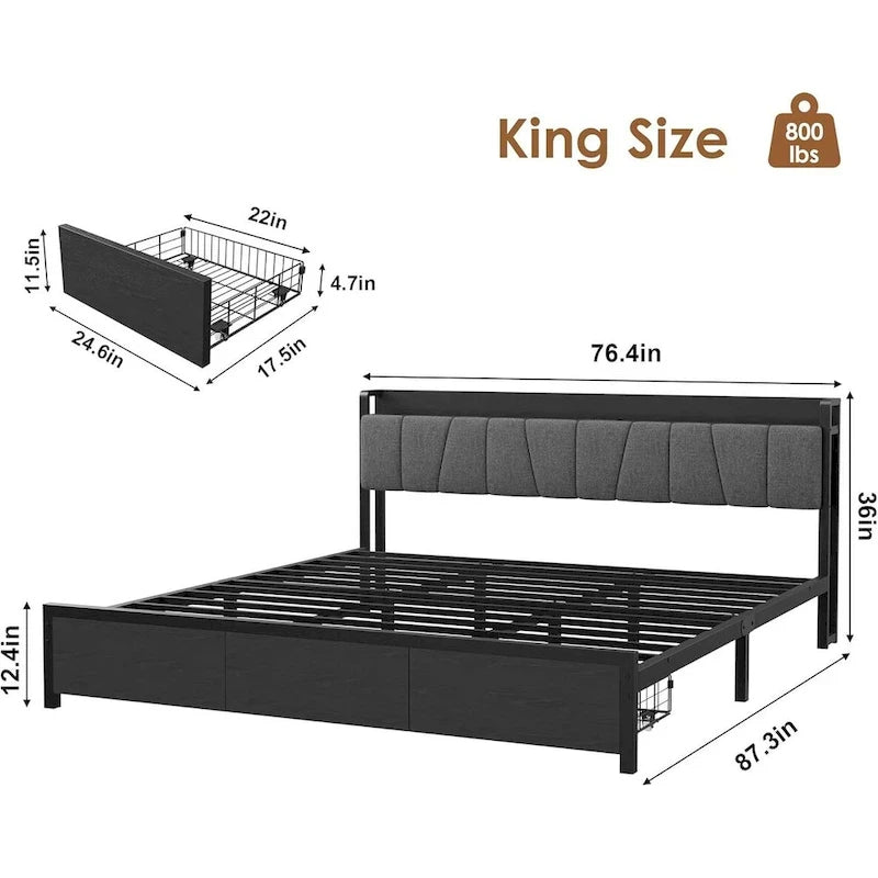 Bed Frame with Storage Headboard, Industrial Platform Bed with 2 Large Drawers and Charging Station, Black
