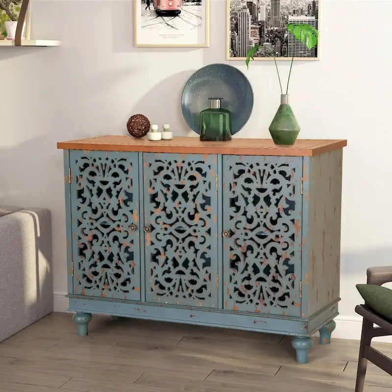 Retro Hollow-Carved 3-Door Storage Cabinet