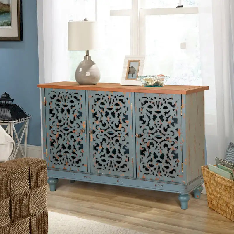 Retro Hollow-Carved 3-Door Storage Cabinet