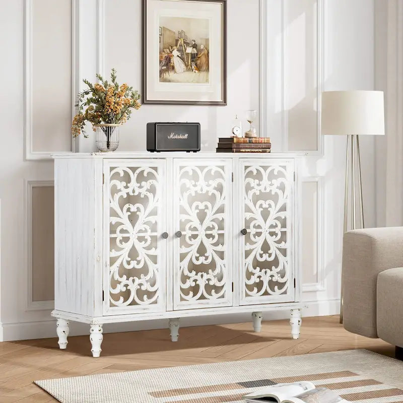 Retro Hollow-Carved 3-Door Storage Cabinet