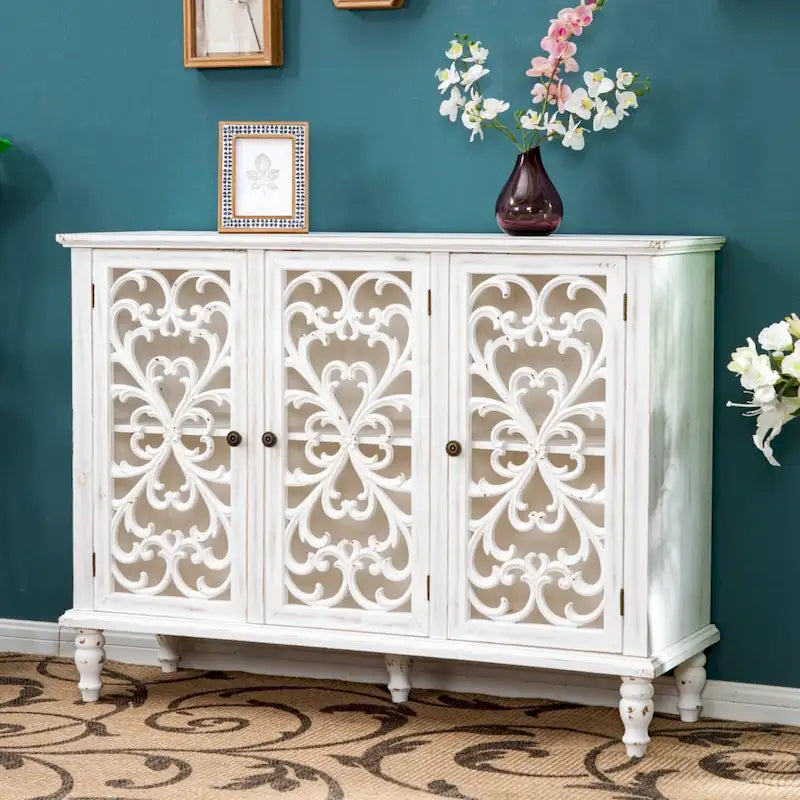 Retro Hollow-Carved 3-Door Storage Cabinet