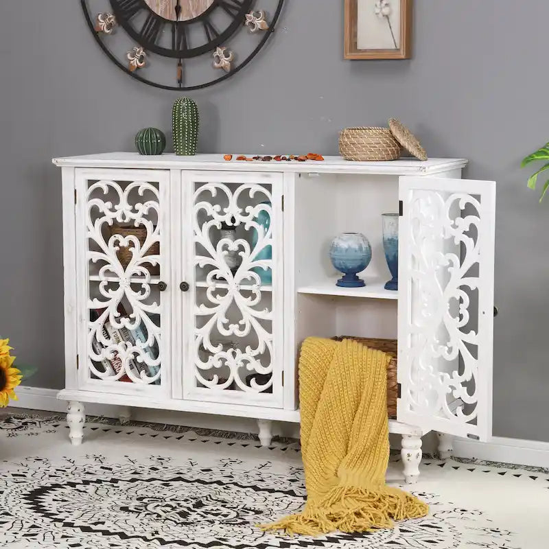 Retro Hollow-Carved 3-Door Storage Cabinet