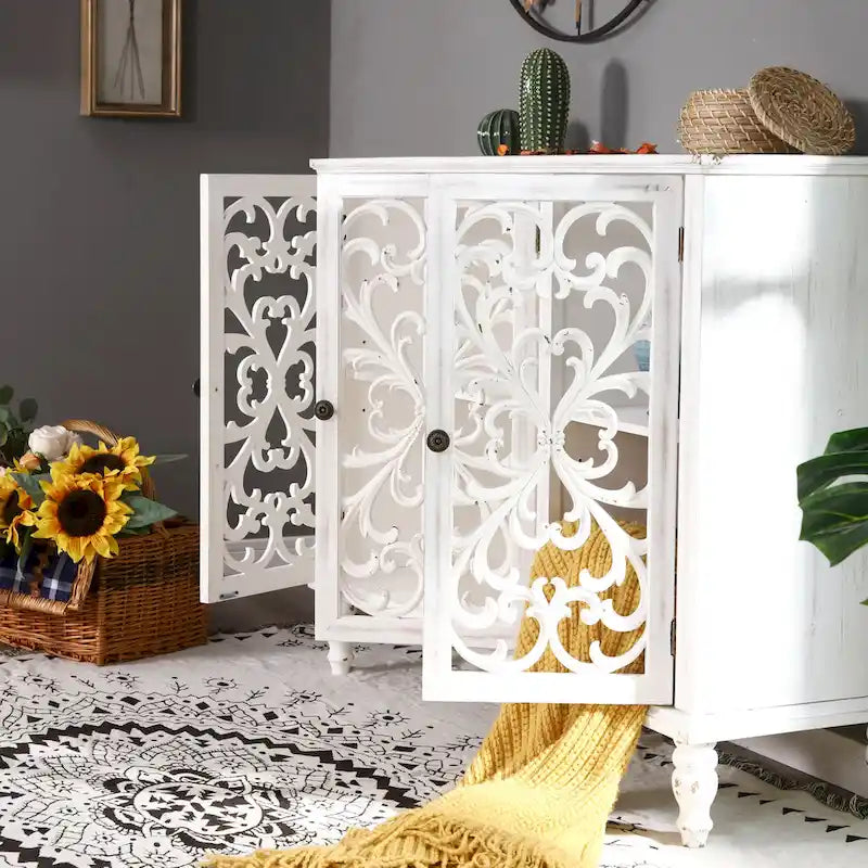 Retro Hollow-Carved 3-Door Storage Cabinet