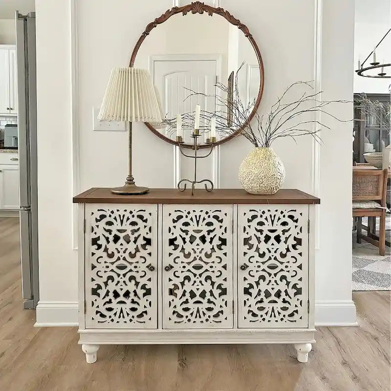Retro Hollow-Carved 3-Door Storage Cabinet