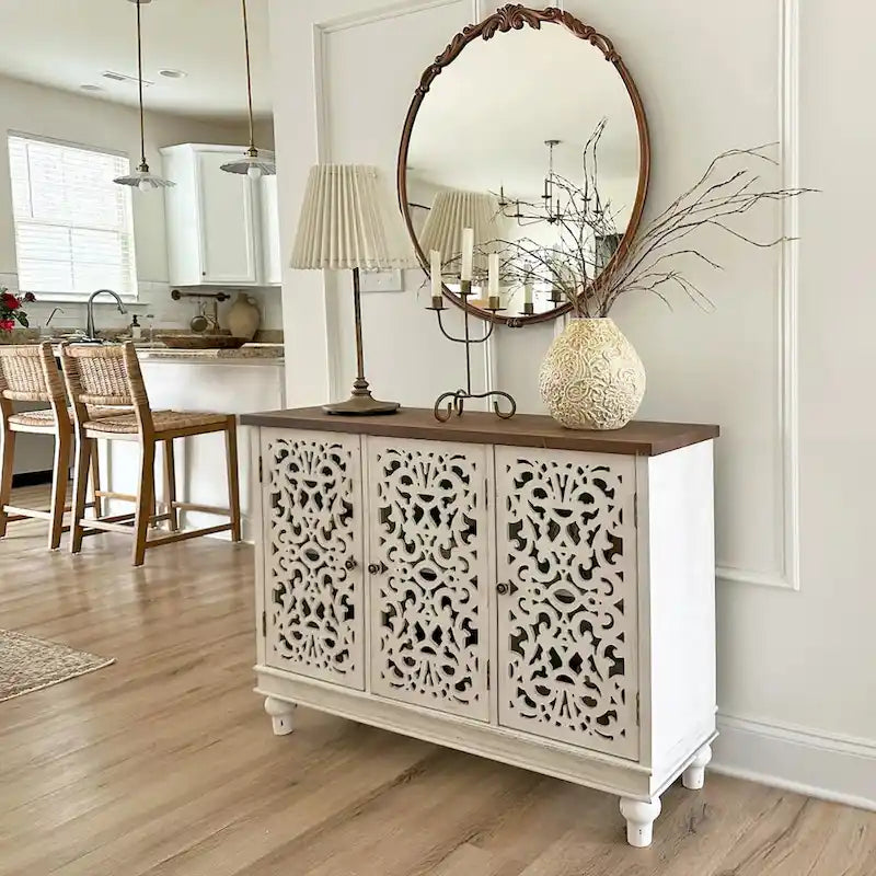 Retro Hollow-Carved 3-Door Storage Cabinet