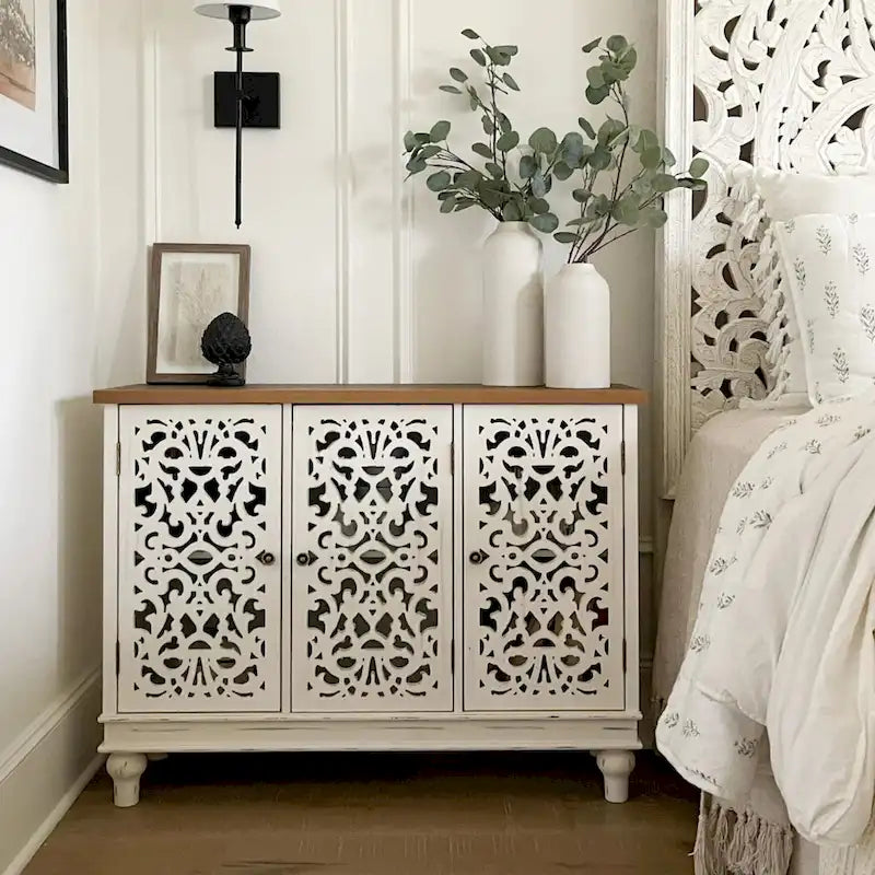 Retro Hollow-Carved 3-Door Storage Cabinet
