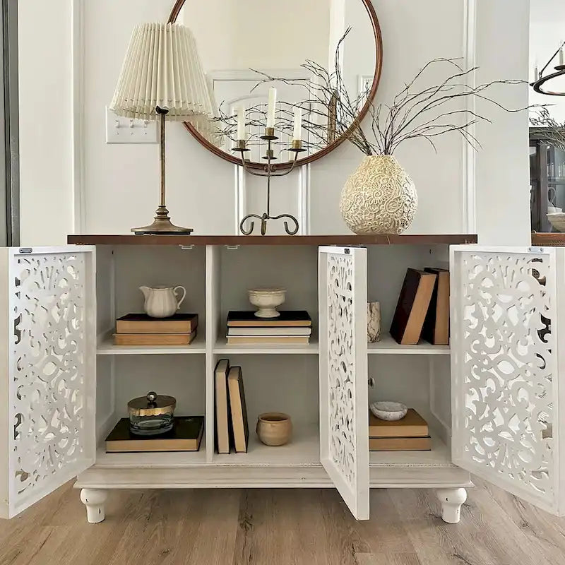 Retro Hollow-Carved 3-Door Storage Cabinet
