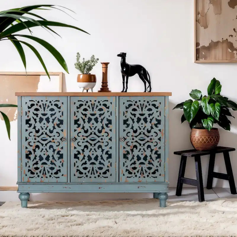 Retro Hollow-Carved 3-Door Storage Cabinet