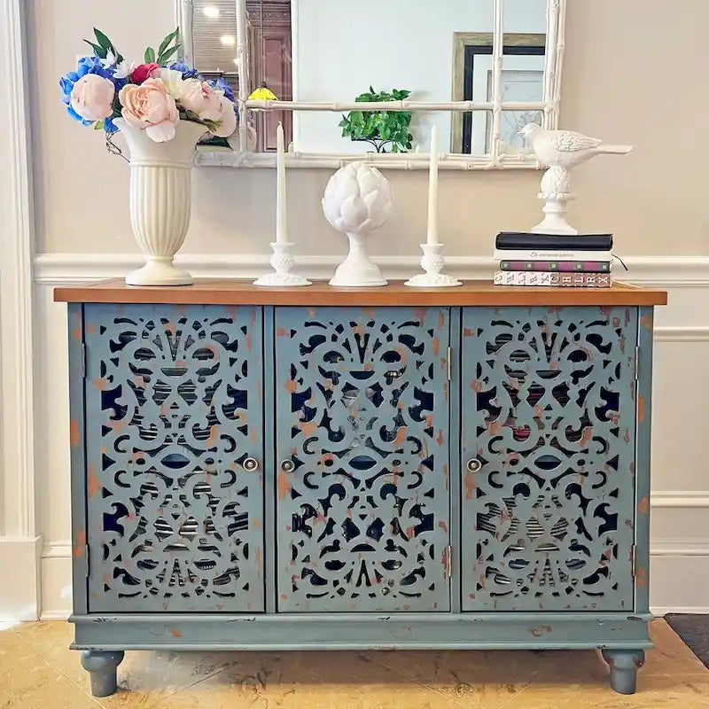 Retro Hollow-Carved 3-Door Storage Cabinet