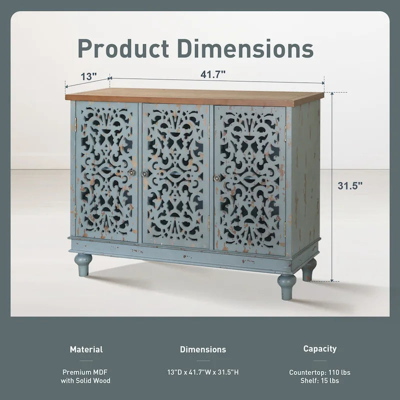 Retro Hollow-Carved 3-Door Storage Cabinet