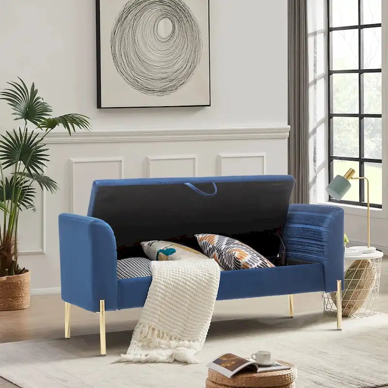 52-Inch Upholstered Velvet Storage Ottoman Bench with Armrests