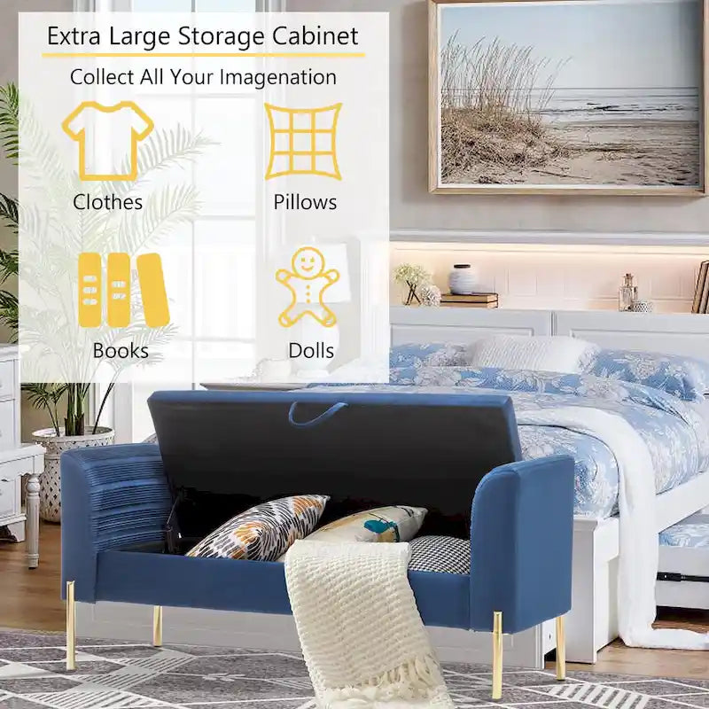 52-Inch Upholstered Velvet Storage Ottoman Bench with Armrests