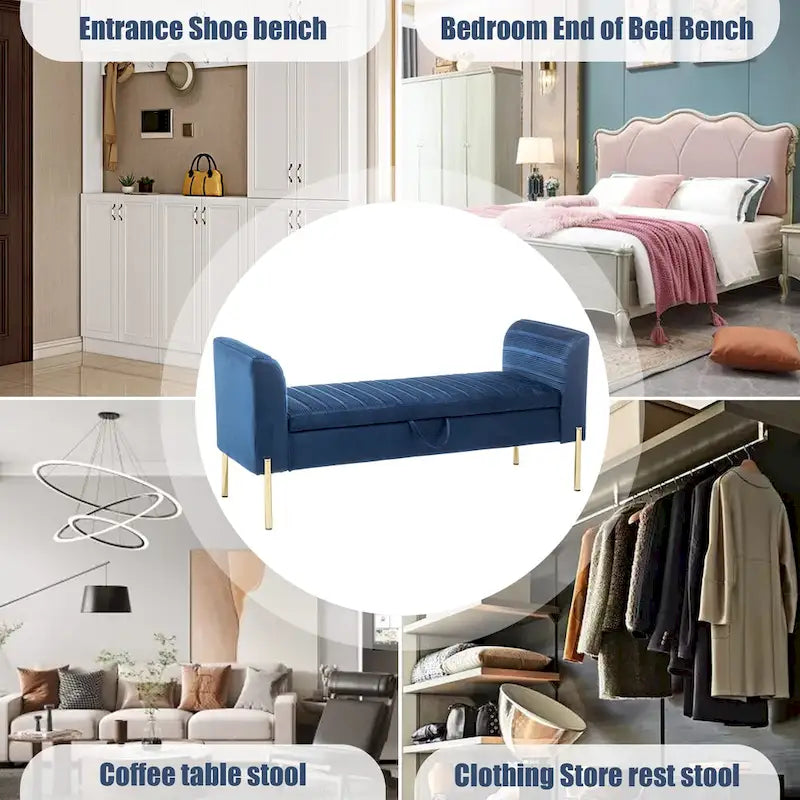 52-Inch Upholstered Velvet Storage Ottoman Bench with Armrests