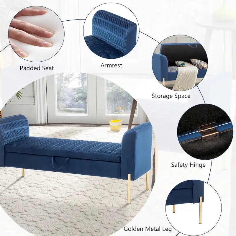 52-Inch Upholstered Velvet Storage Ottoman Bench with Armrests