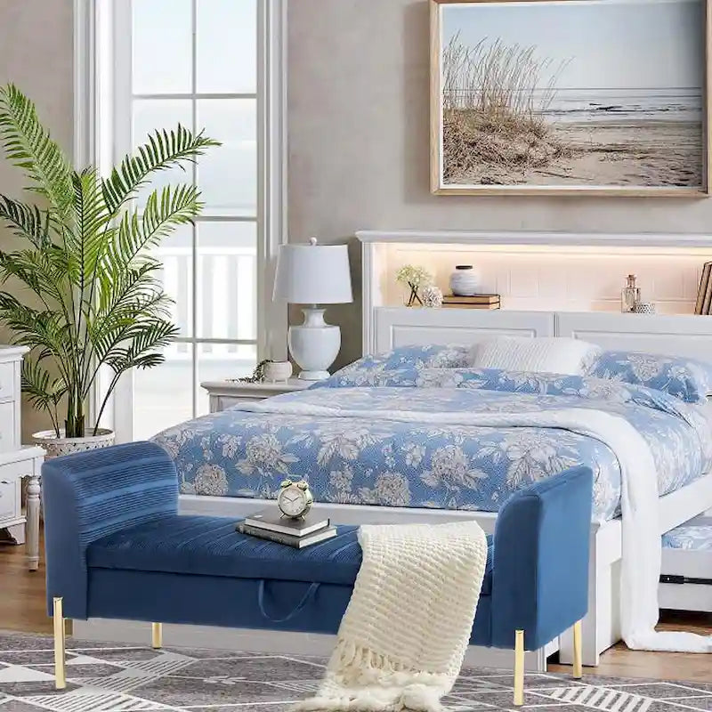 52-Inch Upholstered Velvet Storage Ottoman Bench with Armrests