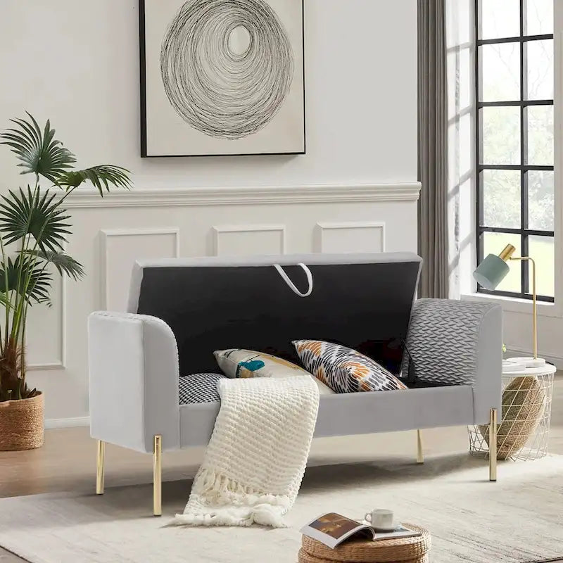 52-Inch Upholstered Velvet Storage Ottoman Bench with Armrests