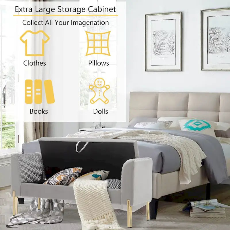 52-Inch Upholstered Velvet Storage Ottoman Bench with Armrests