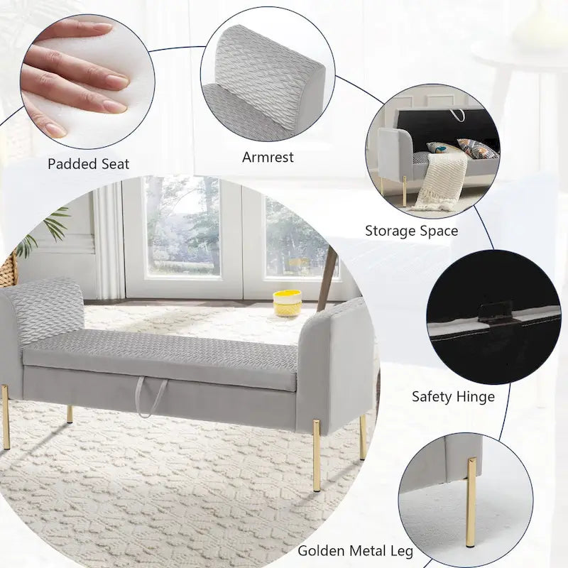 52-Inch Upholstered Velvet Storage Ottoman Bench with Armrests