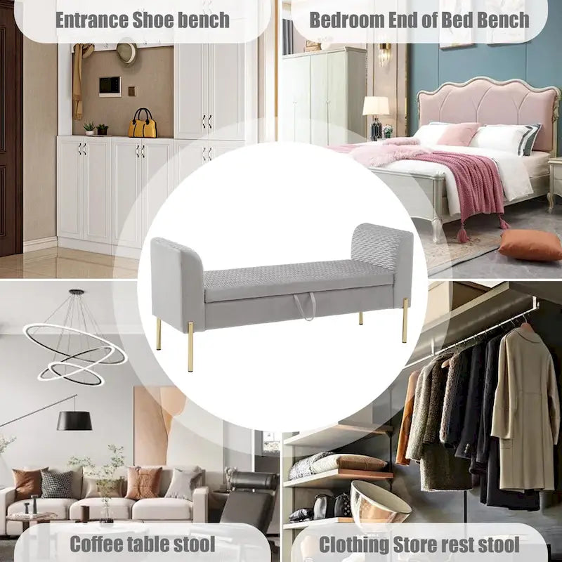 52-Inch Upholstered Velvet Storage Ottoman Bench with Armrests
