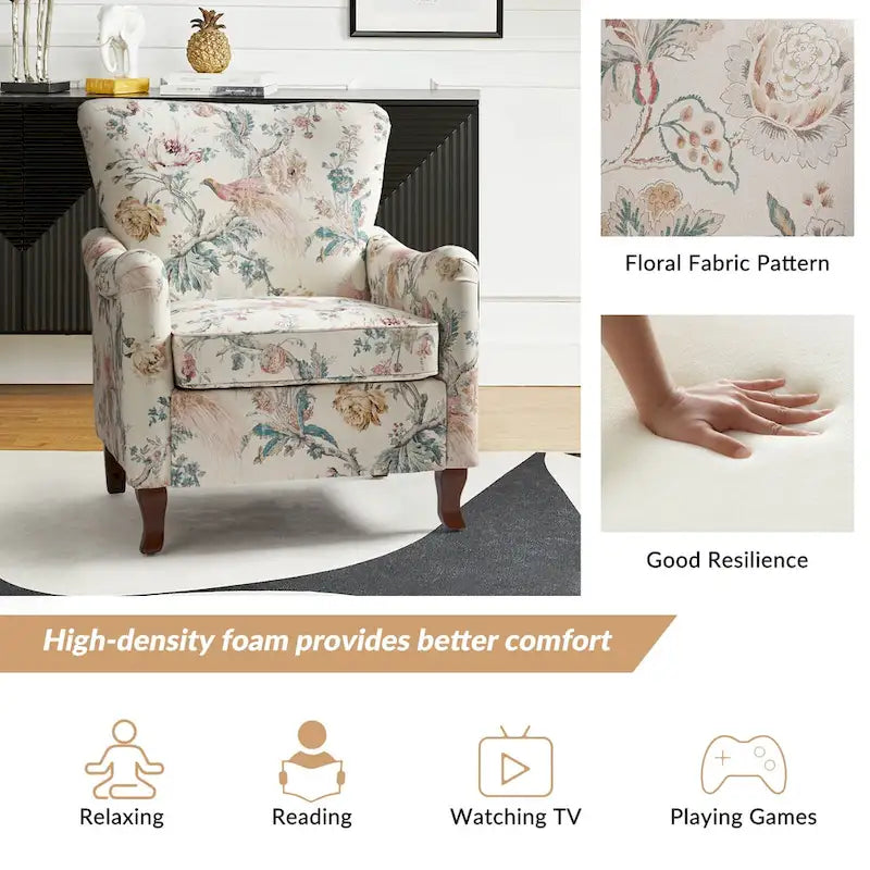 Modern Floral Upholstered Wingback Armchair