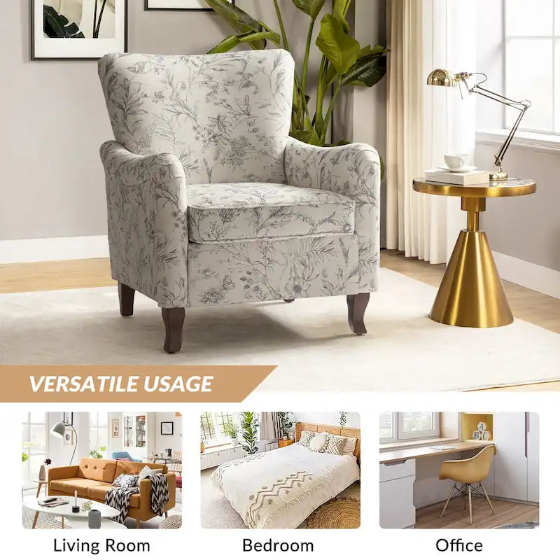 Modern Floral Upholstered Wingback Armchair
