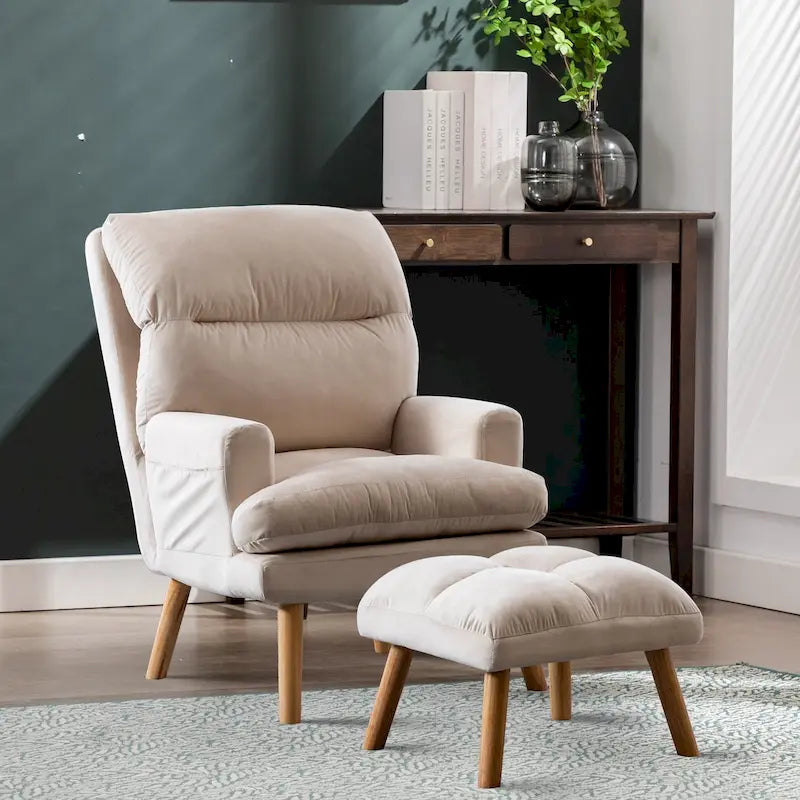 Velvet Armchair with Ottoman, Adjustable Backrest and Side Pockets