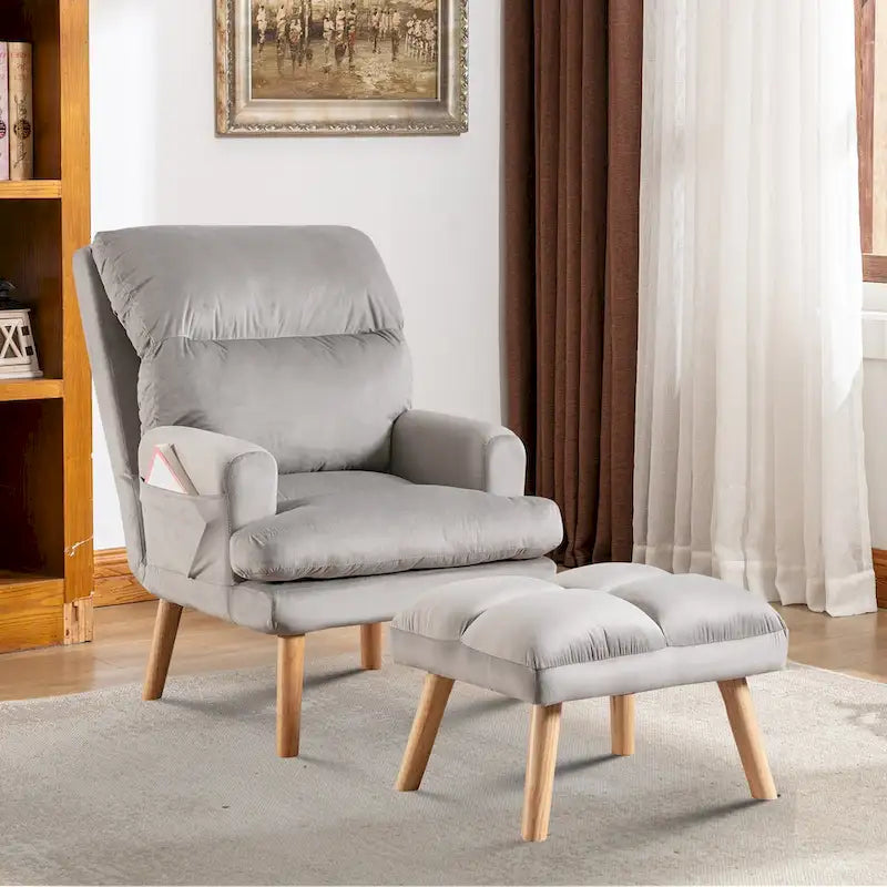 Velvet Armchair with Ottoman, Adjustable Backrest and Side Pockets