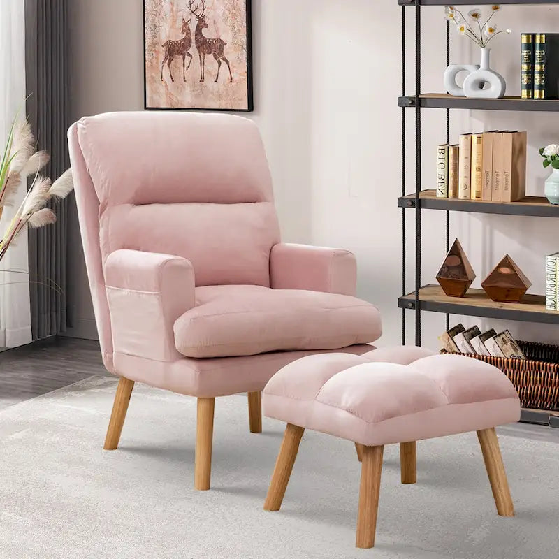 Velvet Armchair with Ottoman, Adjustable Backrest and Side Pockets