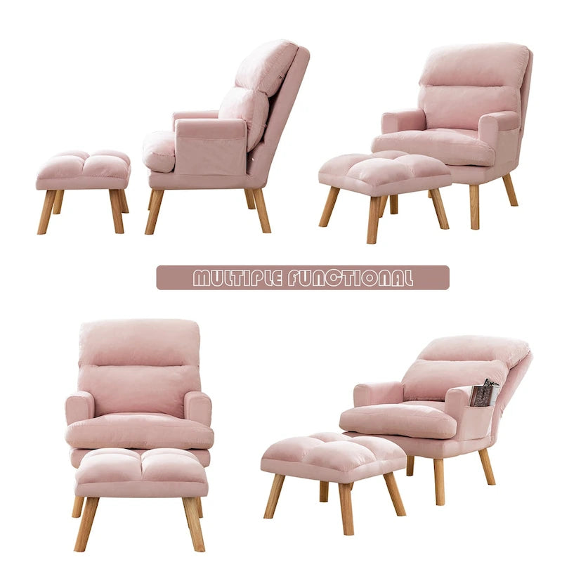 Velvet Armchair with Ottoman, Adjustable Backrest and Side Pockets