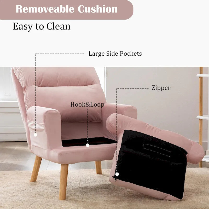 Velvet Armchair with Ottoman, Adjustable Backrest and Side Pockets