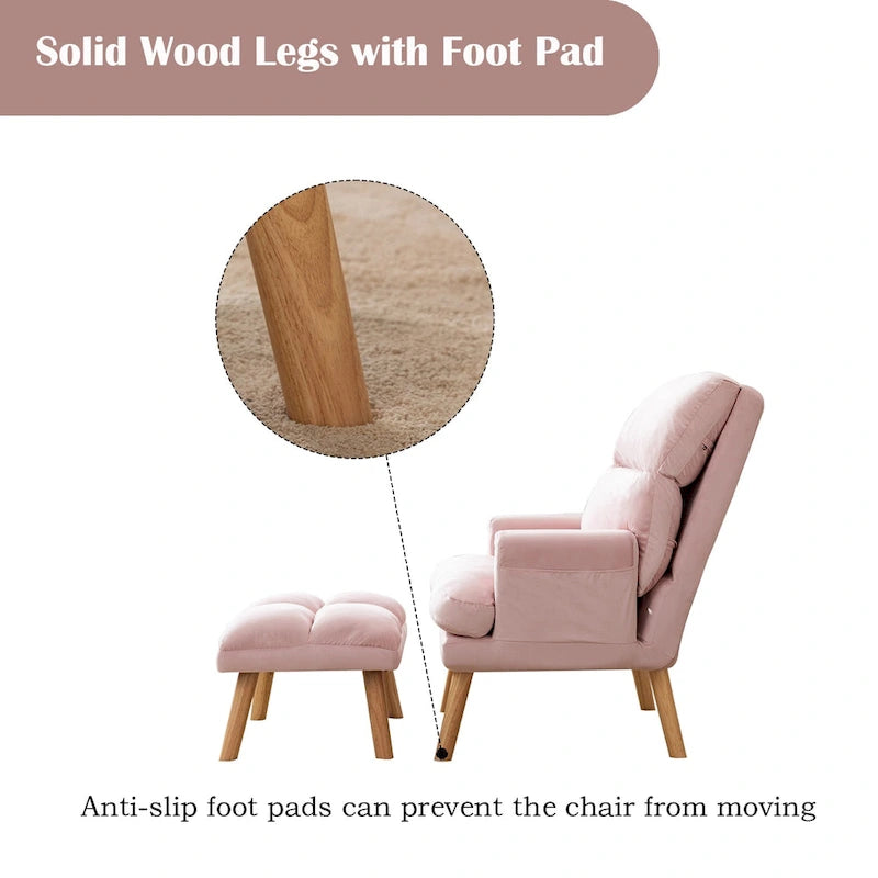 Velvet Armchair with Ottoman, Adjustable Backrest and Side Pockets
