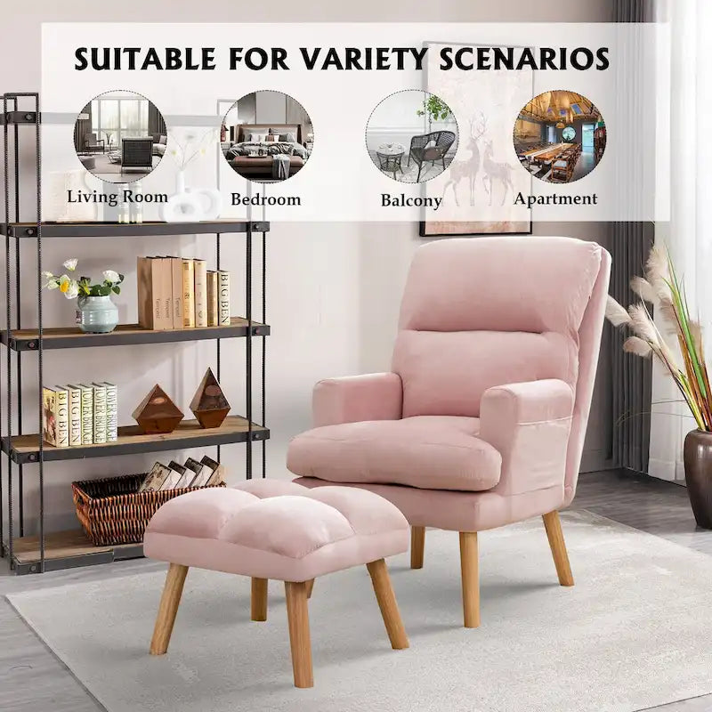 Velvet Armchair with Ottoman, Adjustable Backrest and Side Pockets