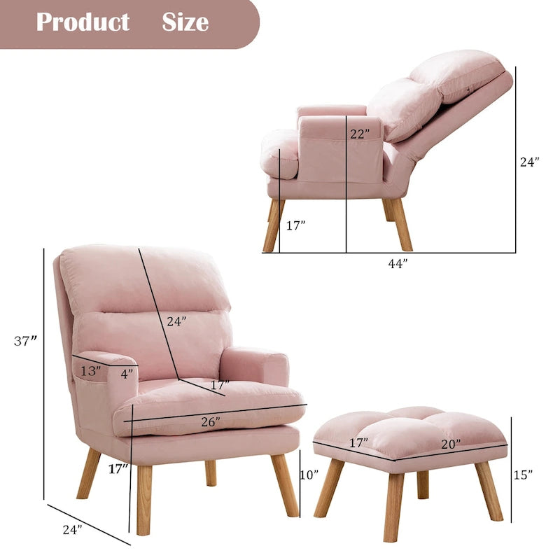Velvet Armchair with Ottoman, Adjustable Backrest and Side Pockets
