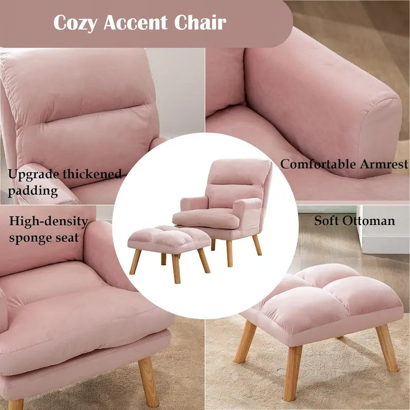 Velvet Armchair with Ottoman, Adjustable Backrest and Side Pockets