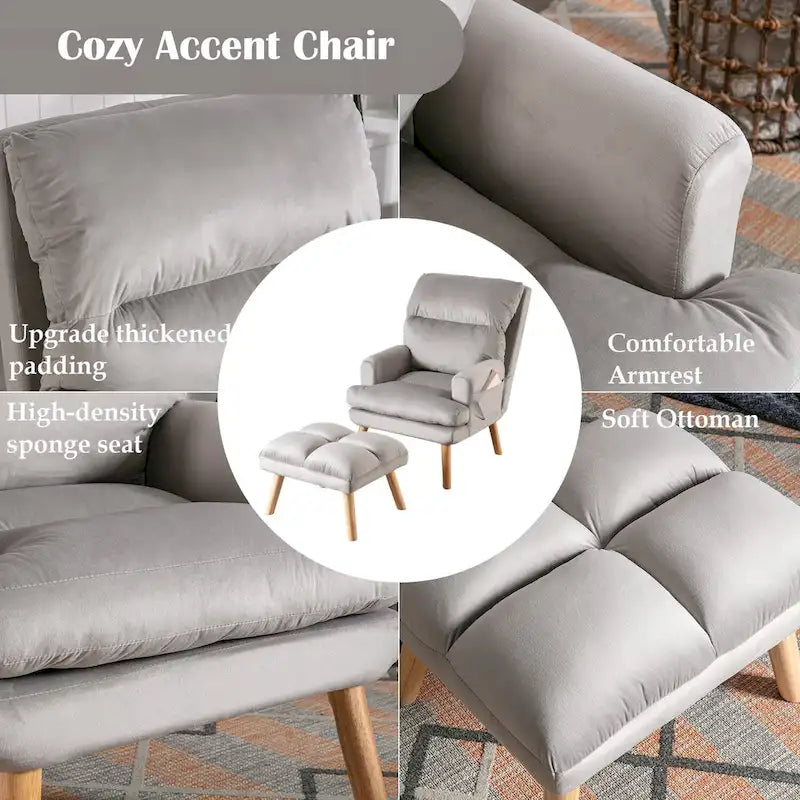 Velvet Armchair with Ottoman, Adjustable Backrest and Side Pockets