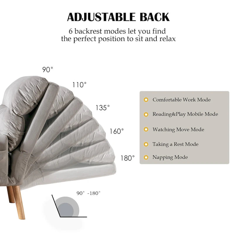 Velvet Armchair with Ottoman, Adjustable Backrest and Side Pockets