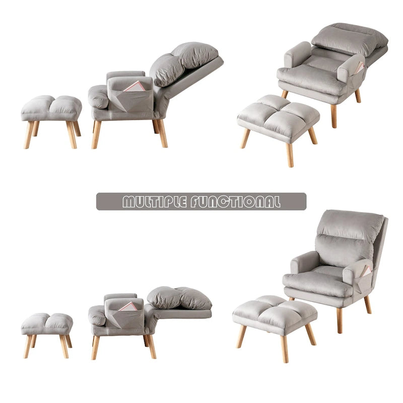 Velvet Armchair with Ottoman, Adjustable Backrest and Side Pockets