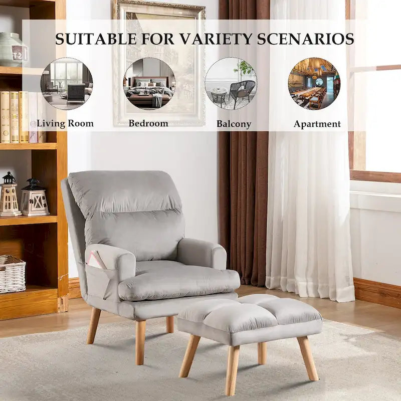 Velvet Armchair with Ottoman, Adjustable Backrest and Side Pockets