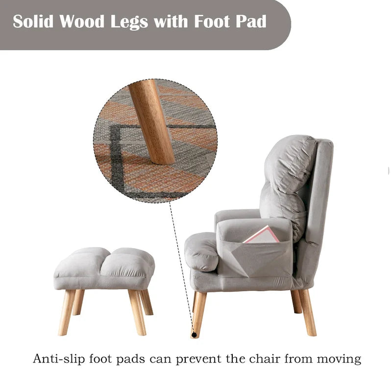 Velvet Armchair with Ottoman, Adjustable Backrest and Side Pockets