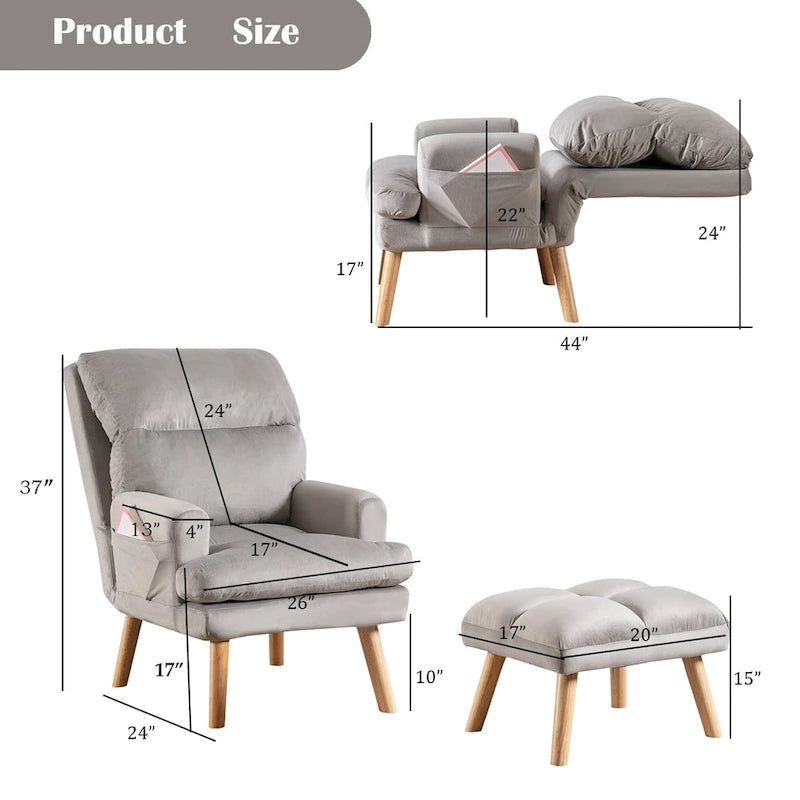 Velvet Armchair with Ottoman, Adjustable Backrest and Side Pockets