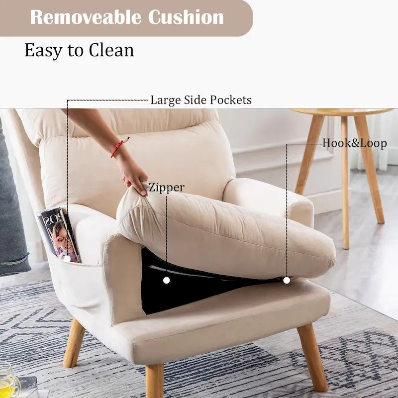 Velvet Armchair with Ottoman, Adjustable Backrest and Side Pockets