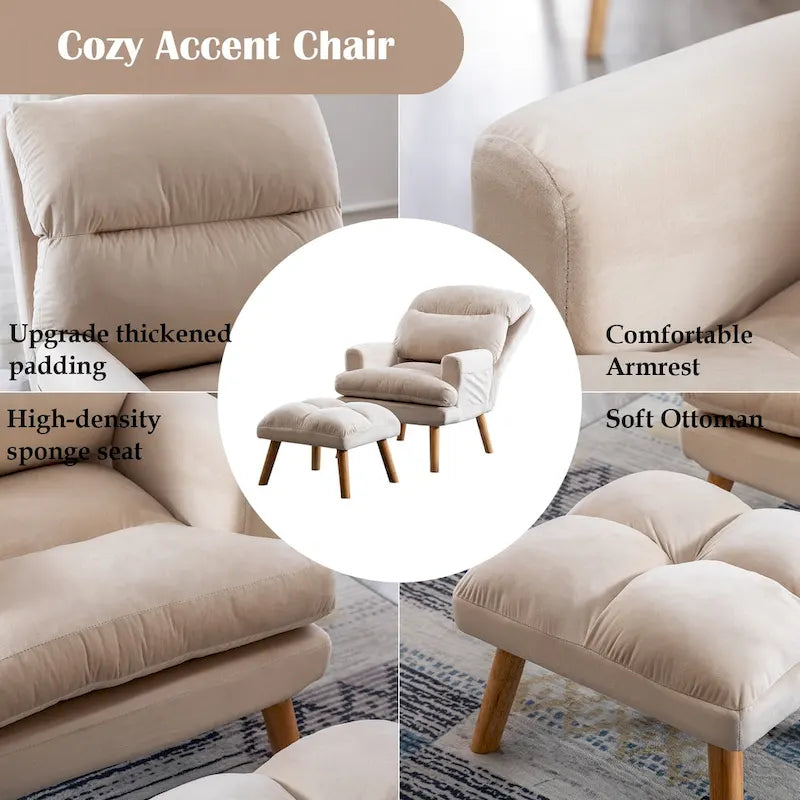 Velvet Armchair with Ottoman, Adjustable Backrest and Side Pockets