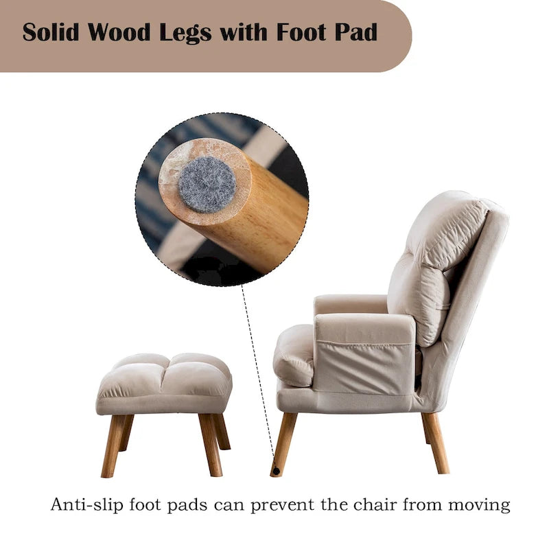 Velvet Armchair with Ottoman, Adjustable Backrest and Side Pockets