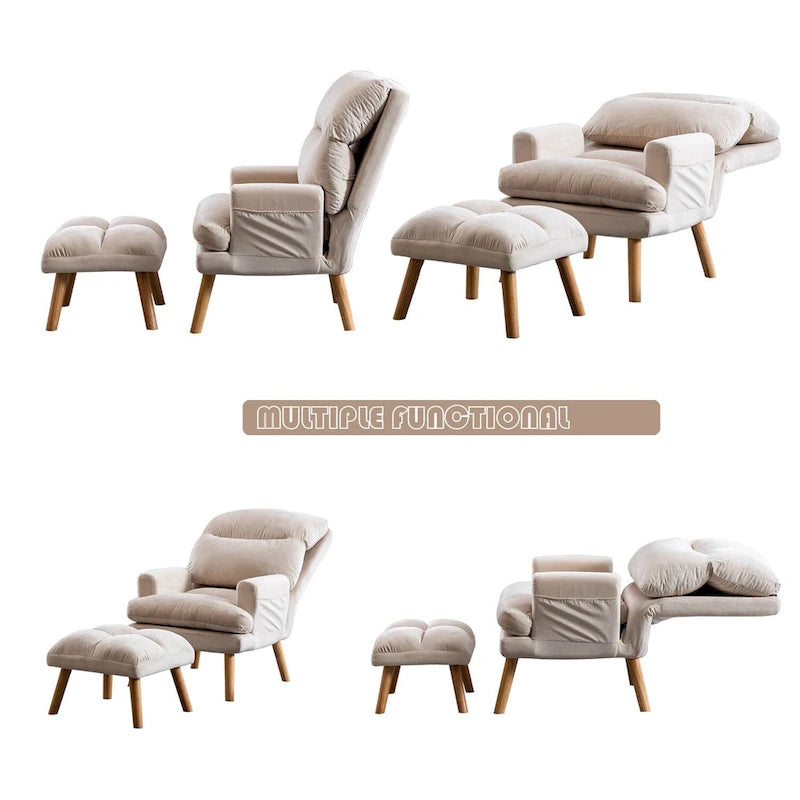 Velvet Armchair with Ottoman, Adjustable Backrest and Side Pockets