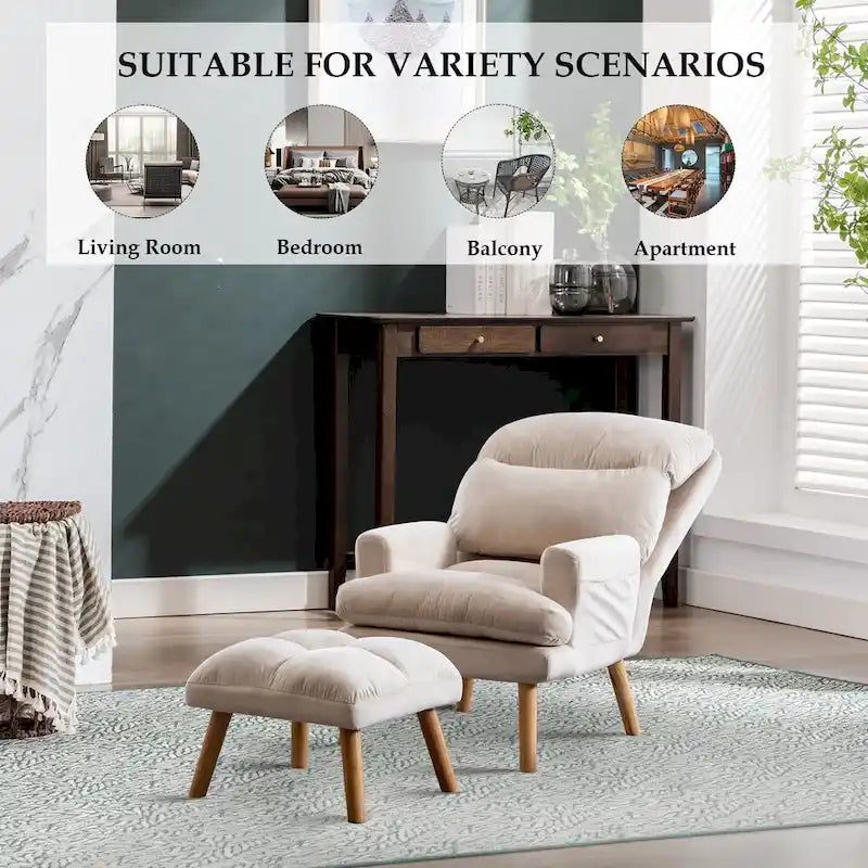 Velvet Armchair with Ottoman, Adjustable Backrest and Side Pockets