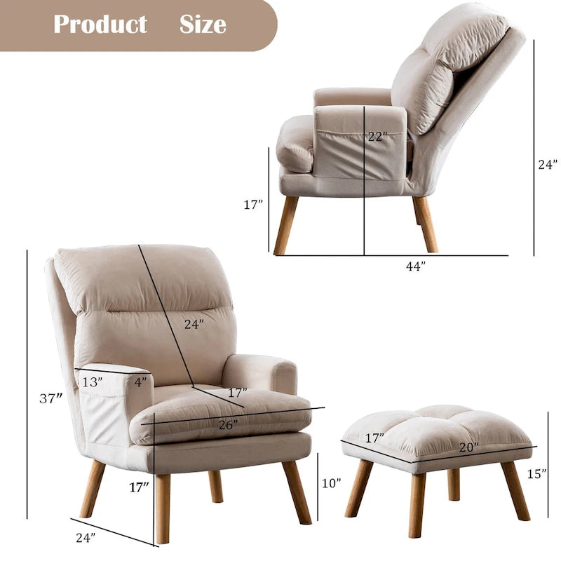 Velvet Armchair with Ottoman, Adjustable Backrest and Side Pockets